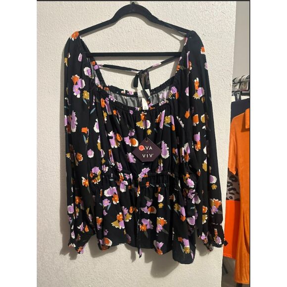 282 Plus Size Black Floral Long Sleeve Peplum Top - Picture 2 of 3